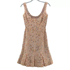 Vintage Esther Wolf Dress Size 8 Orange Floral Rhinestone Beaded Kick Pleat Mini - Picture 1 of 19