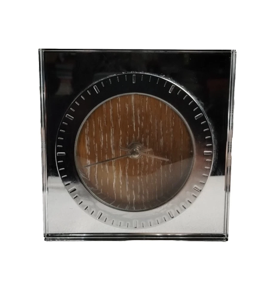 Reloj tocador vintage moderno Thomas O'Brien espejo y madera 5,5"x 5,5" con etiqueta Foto 1 de 4