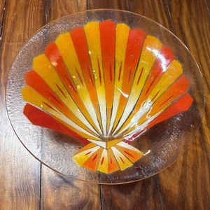 Vtg Seashell Bowl Orange Yellow Handcrafted Glass Mid Century Mcm 12" OTZ - Picture 1 of 12