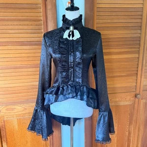 Camisa Gótica Victoriana Aristócrata Visual Kei Brocado Negro Pequeña Jabot Volantes - Imagen 1 de 12