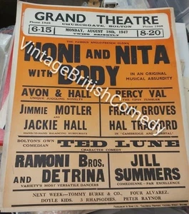 RARE Ted Lune (Army Game) & Clown Noni Original 1947 Grand Theatre Bolton Poster - Picture 1 of 1