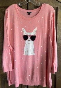 Talbots Bull Dog Pink Polka Dot Sweater Frenchie PLUS SIZE 3XL Cotton Blend - Picture 1 of 5