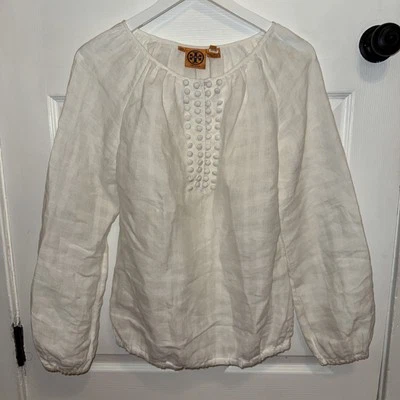 Blusa blanca 100 % lino Tory Burch para mujer talla 6 botones manga globo Foto 1 de 4
