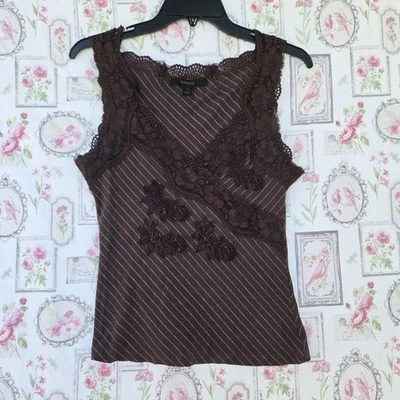 Top Vintage Express Marrón Rayas Sin Mangas Talla Mediana Encaje Borde Floral Y2K  Foto 1 de 4