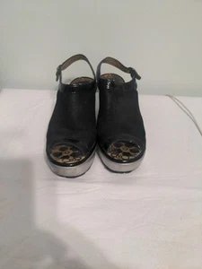 Fly London Yile Wedges Peep Toe Sandal Leather Black Silver Sole 6.5 - Picture 1 of 11