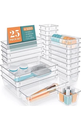 25 Pcs Draw Organizer Box Desk Drawer Fridge Tray Makeup Storage Plastic Divider - Image 1 of 4