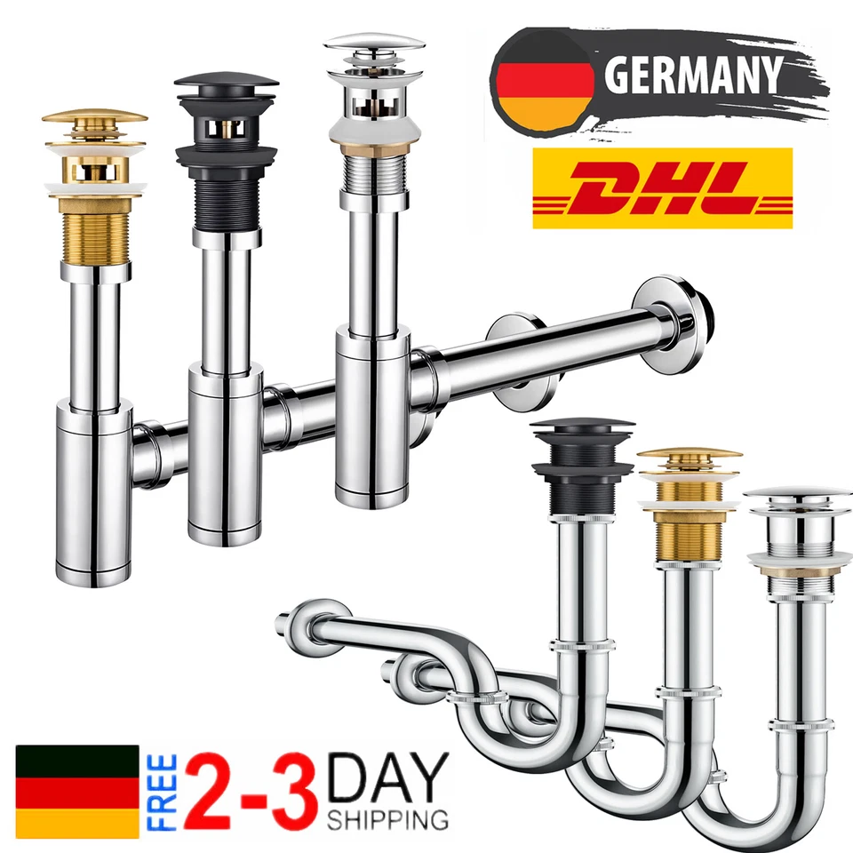WASCHBECKEN ABLAUFGARNITUR SIPHON POP-UP ABLAUFVENTIL ABFLUSS MIT ÜBERLAUF DHL - Bild 1 von 4