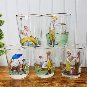 5 Vintage Hand Painted Golf Low Ball Drinking Glasses Funny Scenes Gold Rim EUC - Picture 1 of 13