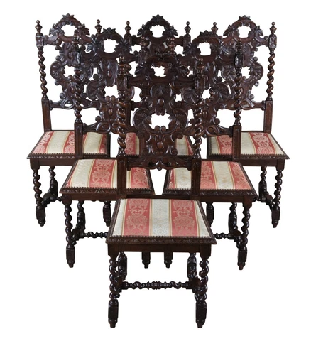 6 Antique Gothic French Renaissance Revival Oak Barley Twisted Dining Chairs Cover