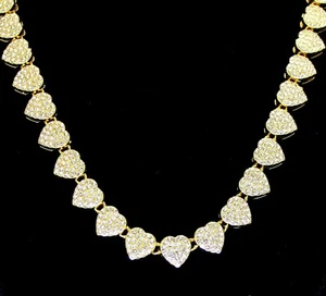 Iced Heart Shape Cz Tennis Chain Gold Plated Necklace Hip Hop Jewelry - Picture 1 of 6