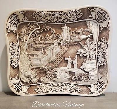 Bandeja de resina de cinabrio tallada blanca vintage del siglo XX - rara Foto 1 de 4