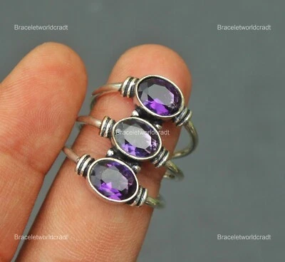 Oval Amethyst Gemstone 925 Silver Elegant Unique Band Wife Channel-Set Ring US 8 - Image 1 of 4