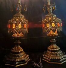 BIG 40" Mid Century Lamp pair Brass Lace Boudreau Table 4 bulb Amber CRYSTAL