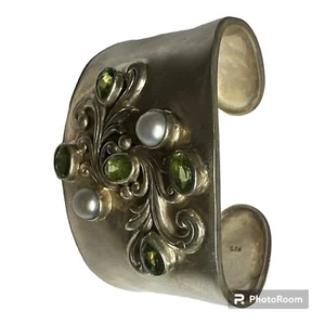 Vintgae Sterling Silver 925 Wide Cuff With Olivine Perisot Stone  - Picture 1 of 7