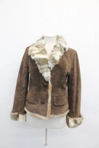 EXCELENTE ABRIGO CHAQUETA DE PIEL DE GAMUZA MARRÓN CON ADORNOS DE CONEJO MUJER MUJER TALLA 2-4 PETITE - Imagen 1 de 6