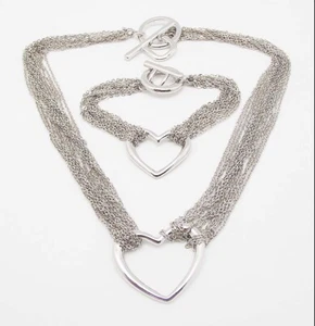 DESIGNER INSPIRED SILVER MULTI CHAIN HEART TOGGLE NECKLACE BRACELET JEWELRY SET - Picture 1 of 2