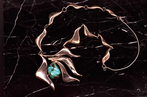 925 Sterling Silver Turquoise Huge Freeform Pendant w/ 21" Freeform Chain - Picture 1 of 6