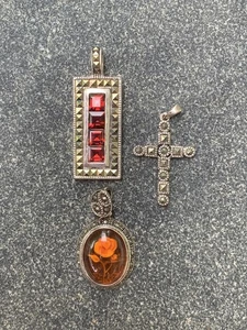 Vintage Sterling Silver 3 Pendant Lot Intaglio Amber Marcasite Garnet and Cross - Picture 1 of 9