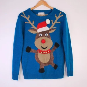 Atmosphere Blue Reindeer 3D Nose Christmas Men’s Jumper Size  XS - Picture 1 of 9