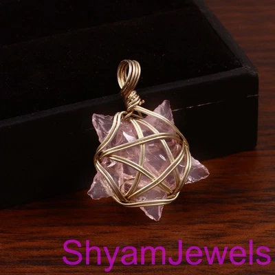 Wire Wrap Rose Quartz Star Gemstone Pendant With Chain Handmade Jewelry - Image 1 of 4