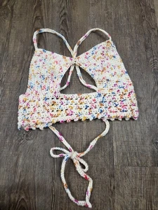 Handarbeit gehäkelt Damen kleines Bralette Neckholder Kreuz Tie Back Top elfenbein rosa blau - Bild 1 von 3