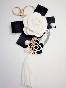 Camellia flower Pearl Pendant Bag Charm Keychain Tassel Bow Black - Picture 1 of 3