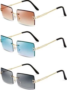3 Pairs Rimless Rectangle Sunglasses Tinted Frameless Eyewear Transparent Y2K - Picture 1 of 6