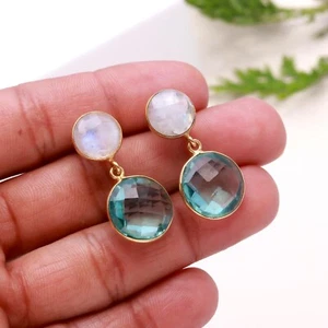 Regenbogen Mondstein mit Aqua Apatit Edelstein 925 Sterling Silber Ohrstecker - Bild 1 von 4
