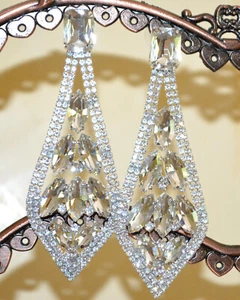 ORECCHINI Donna ARGENTO strass cristalli gocce pendenti lunghi eleganti sposa A3 - Foto 1 di 1