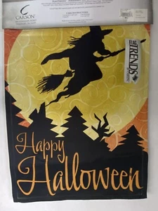 NEW HAPPY HALLOWEEN GARDEN FLAG WITCH FLYING BROOM 13 x 18 HOLIDAY - Picture 1 of 6