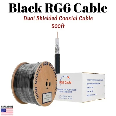 500ft RG6 Dual Shield Coaxial Cable Black Wire TV Antenna Satellite 18AWG Bulk - Image 1 of 4