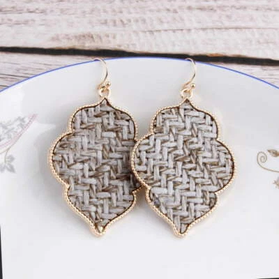 Cork Leather Quatrefoil Floral Moroccan Statement Earrings Pendant Long Necklace - Image 1 of 4