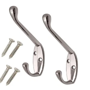 10 x Polished Chrome Metal Double Hat & Coat Hooks Door & Wall Clothing Hangers - Picture 1 of 3