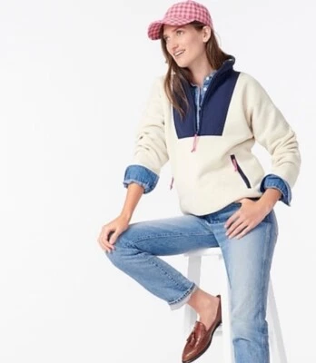Pullover J Crew Vintage Polartec Sherpa Media Cremallera Blanco/Azul Marino Para Mujer’s Grande Foto 1 de 4