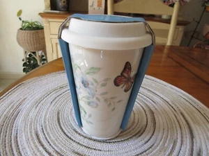 LENOX Butterfly Meadow Porcelain Thermal Travel Mug Coffee Cup w/ Lid 10 oz New - Picture 1 of 3