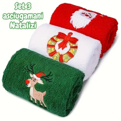 Natale Set 3 Asciugamani Ricamati Bagno Cucina Regalo Ospiti Bianco Verde Rosso - Image 1 of 4