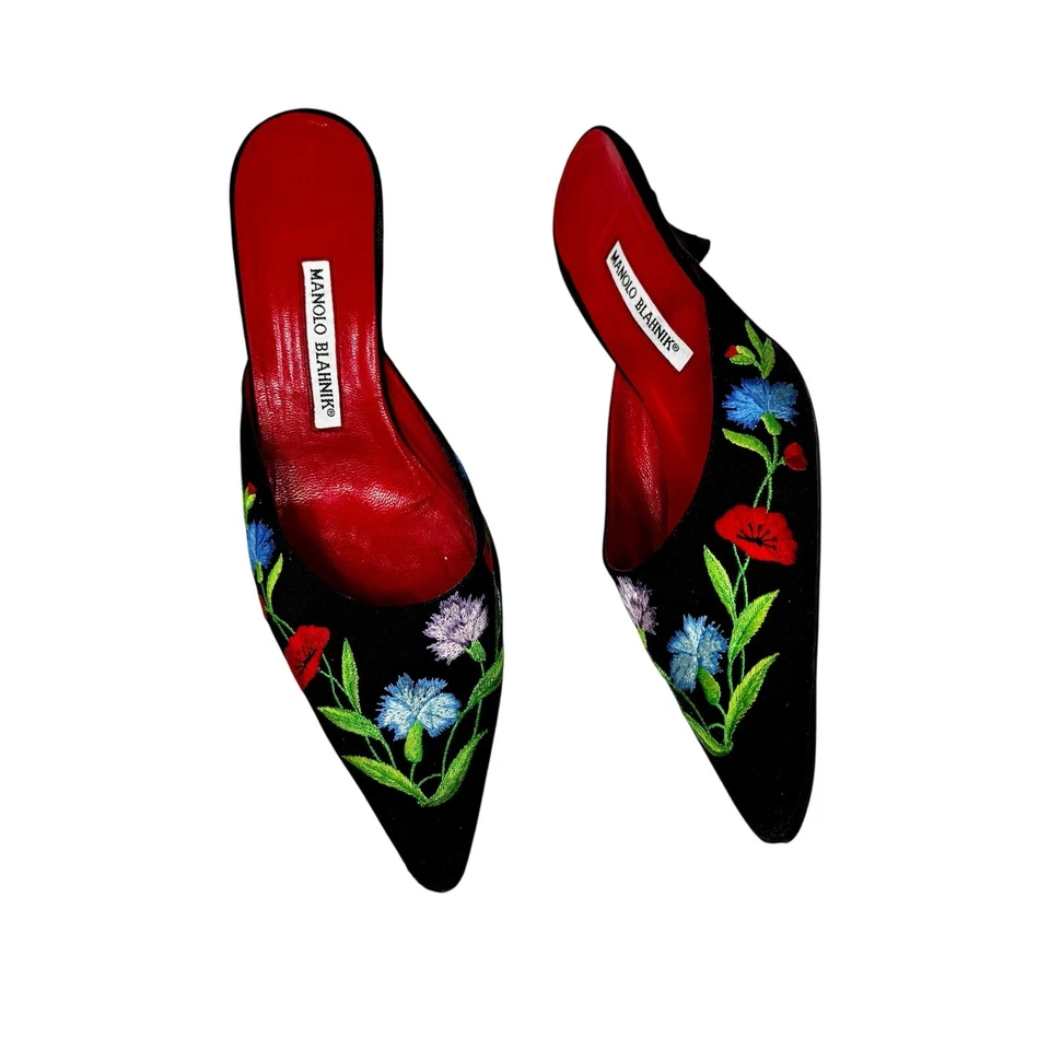 Manolo Blahnik Vintage Floral Embroidered Canvas Mules Point-Toe Covered Heel - Image 1 of 4