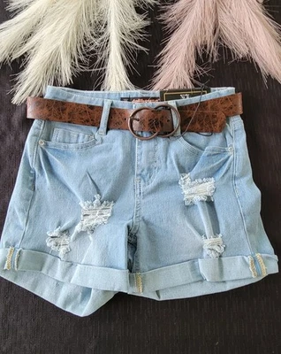 Pantalones Cortos Denim Boyfriend Casa de Muñecas Jeans Desgastados Puños Talla 3/4 Cinturón Azul  Foto 1 de 4