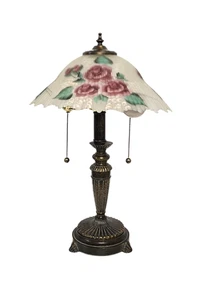 Vintage Table Lamp Signed Reverse Hand Painted Glass Shade Floral 22” Roses - Picture 1 of 11