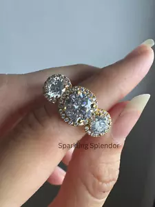 Three Stone Halo Engagement Ring Round Cut Moissanite Past Present Future Ring - Picture 1 of 16