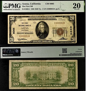 1929 $20 First National Bank Azusa, California CH# 8065 - PMG 20 Low Serial # 53 - Imagen 1 de 3