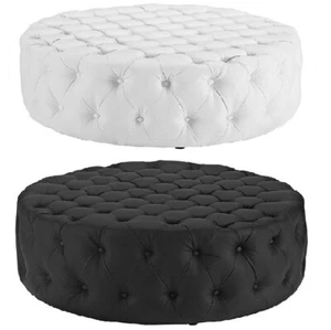 Black / White Cocktail Coffee Table Ottoman Upholstered Button Tufted Vinyl - Picture 1 of 13