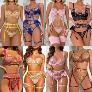 Womens Lace Lingerie with Garter Sexy Bra Thong Set Babydoll Underwear Sleepwear - Picture 1 of 83