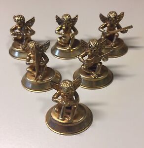 6 Antique Gold Wash Silver Musical Cherub Place Card Holders 800 Marked In Case 