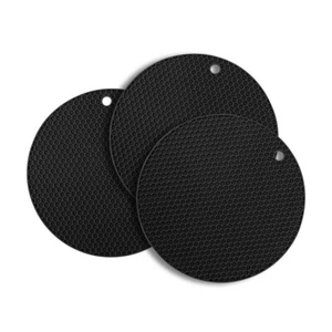 3PC Silicone Trivet Mat Set Non-Slip Heat Resistant Insulation Pads Black Round - Picture 1 of 8