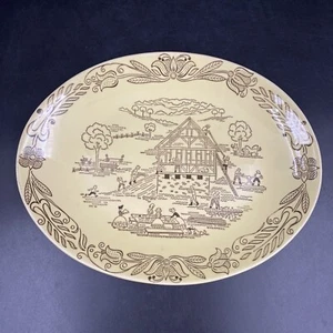 Vintage Old Dutch Amish Barn Raising Building Yellow China Porcelain Platter - Picture 1 of 5