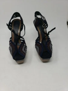 MARNI Suede leather heel Sandals black multicolor stripes buckle Size 7.5 ITALY. - Picture 1 of 7