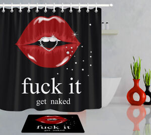 Red Lips Diamond Ring Waterproof Fabric Shower Curtain Set Bathroom w/ Hooks