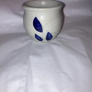 Williamsburg Pottery Small Mini Pot Planter Gray Cobalt Blue Leaf Salt Glaze  - Picture 1 of 11