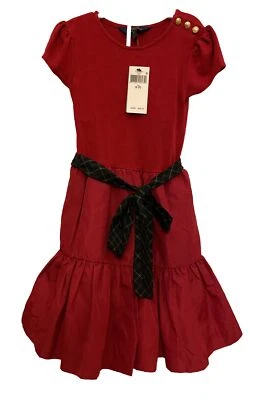 Polo Ralph Lauren Girls Red Fit-&-Flare Holiday Dress With Plaid Ribbon Sz 7 NWT - Image 1 of 4